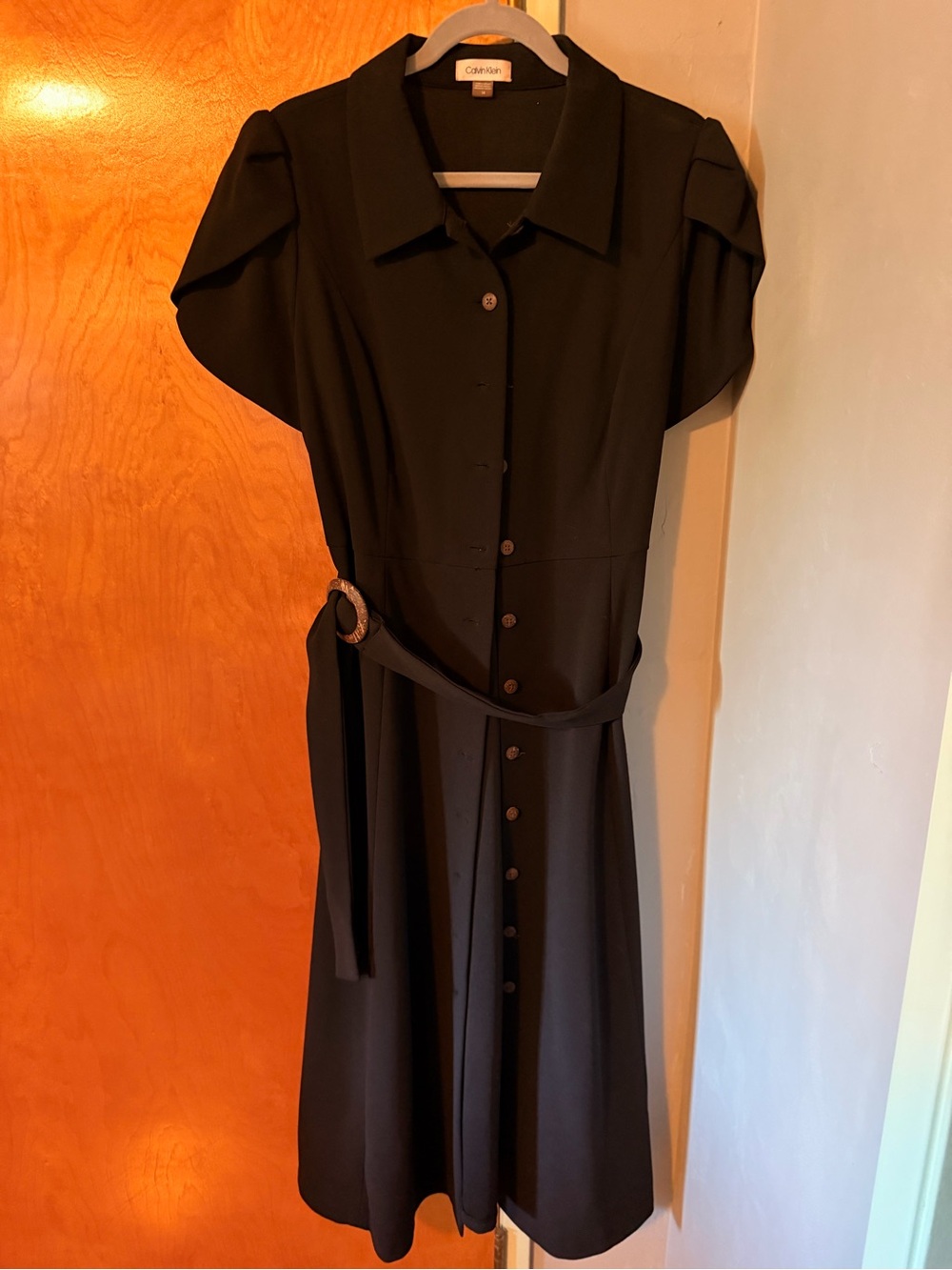 Calvin Klein Black Short-Sleeve Button Midi Dress with Belt